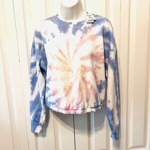 Hippie Rose-NWT-Cropped Long Sleeve Blue/Coral Tie Dyed Sweatshirt-Medium-Soft